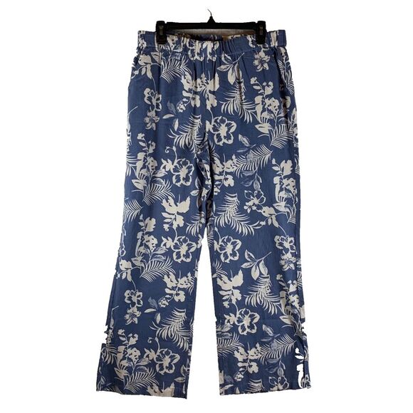 Chadwicks Women's Blue Floral Print Elastic Waist Wide Leg Pull On Pants Linen M - Picture 1 of 11